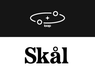 Logo for loop in white on a black background and logo for Skal in black on a white background