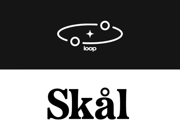 Logo for loop in white on a black background and logo for Skal in black on a white background