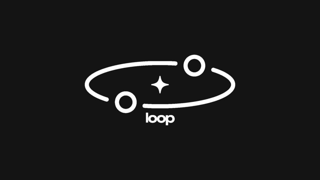 White loop logo on a black background