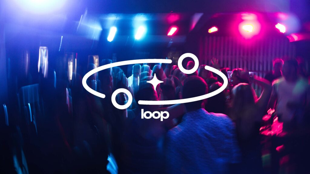 Loop logo over a club photograph