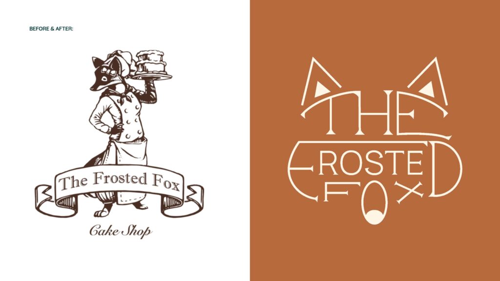 A side by side comparison of the old logo for The Frosted Fox and the rebranded logo by the student