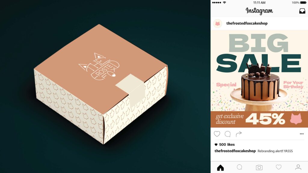 A cake box and a social media post for The Frosted Fox Cake Shop