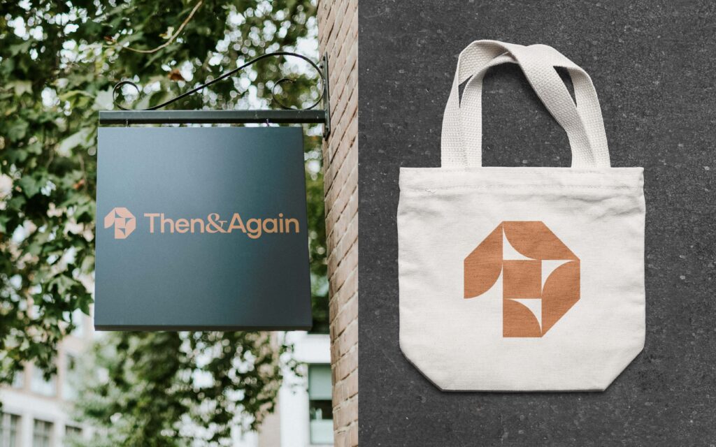 An outdoor sign and a tote bag for Then and Again's rebrand