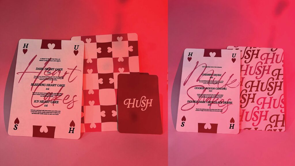 The backs of the menus for "Hush"