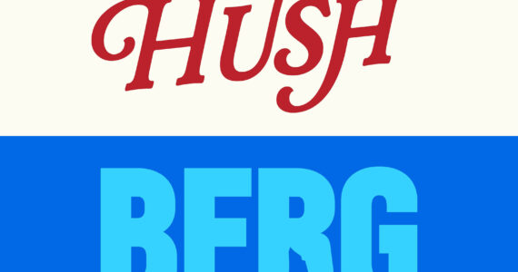 A red logo saying "Hush" on a cream background above a light blue logo for "Berg" on a dark blue background