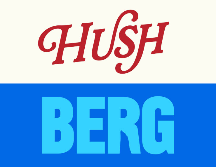 A red logo saying "Hush" on a cream background above a light blue logo for "Berg" on a dark blue background