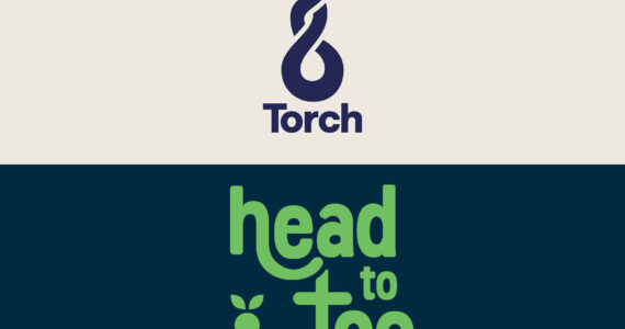 Logo for Torch in dark purple on a beige background above the logo for Head to Toe in bright green on a navy background