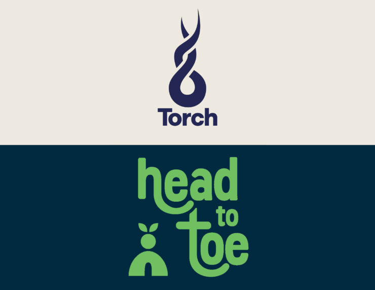 Logo for Torch in dark purple on a beige background above the logo for Head to Toe in bright green on a navy background