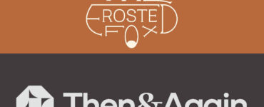 A white illustrated logo for The Frosted Fox Cake Shop on a burnt orange background on top. Underneath is a gray logo for Then & Again on a warm gray background.