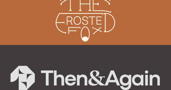 A white illustrated logo for The Frosted Fox Cake Shop on a burnt orange background on top. Underneath is a gray logo for Then & Again on a warm gray background.