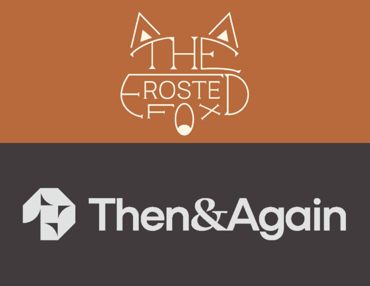 A white illustrated logo for The Frosted Fox Cake Shop on a burnt orange background on top. Underneath is a gray logo for Then & Again on a warm gray background.